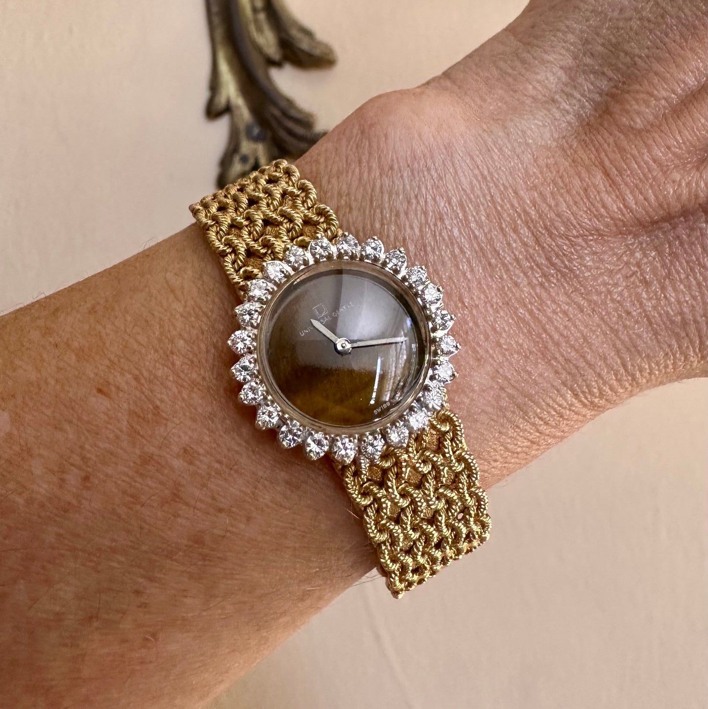 Vintage Universal Geneve 18k Gold Tiger Eye & Diamond Watch