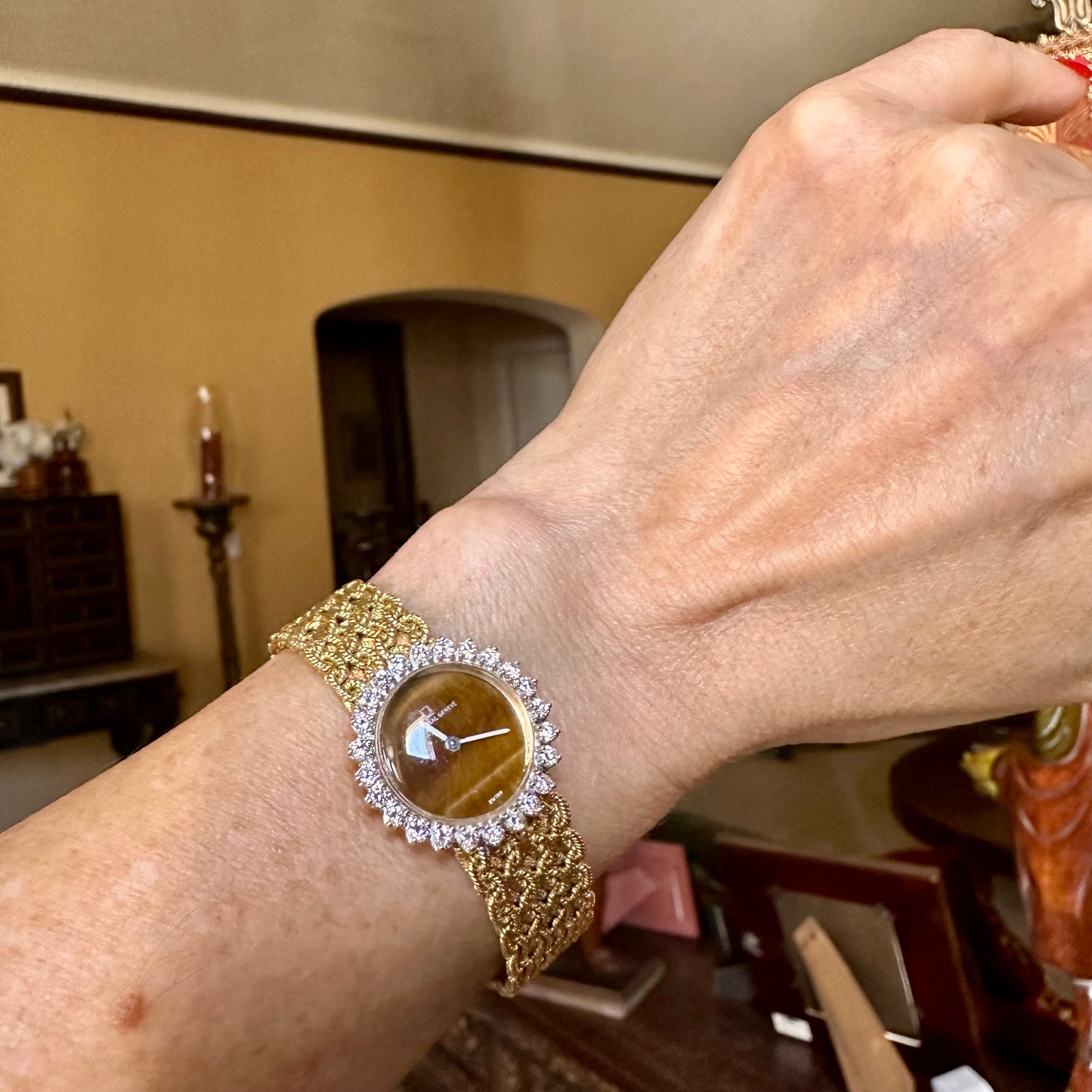 Vintage Universal Geneve 18k Gold Tiger Eye & Diamond Watch