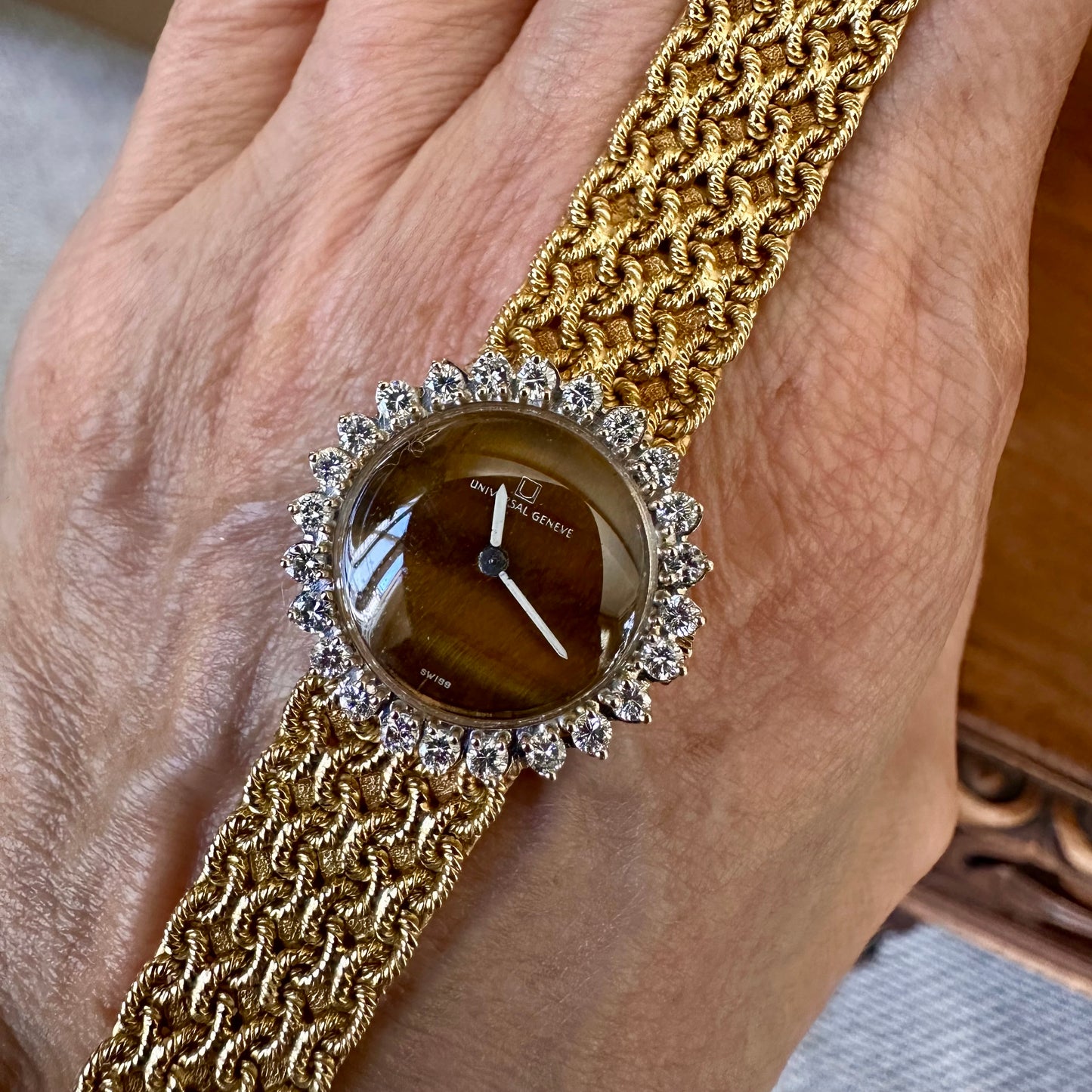 Vintage Universal Geneve 18k Gold Tiger Eye & Diamond Watch