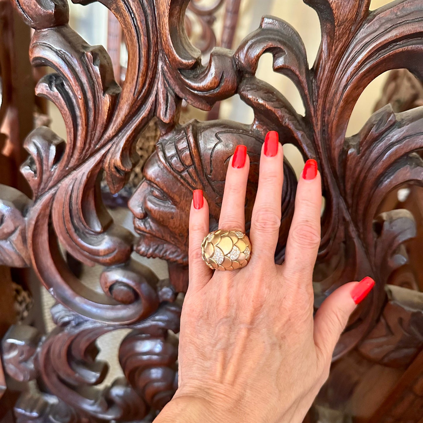 Pomellato Estate Dome Diamond 18k Rose Gold Ring, Fish Scale Diamond Ring, Statement Ring