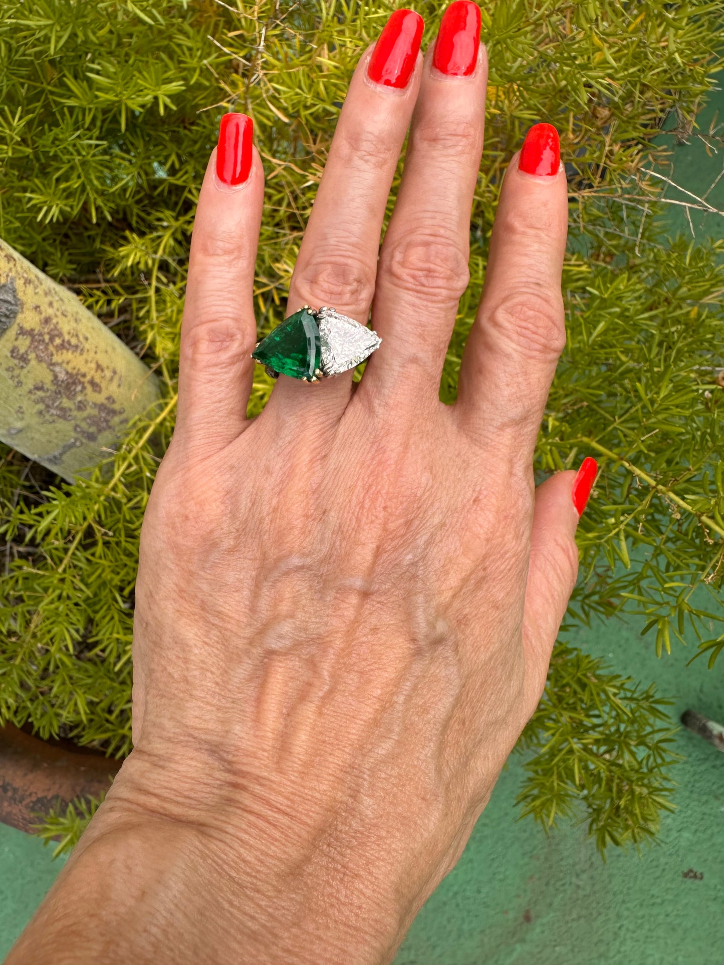 Triangular Brilliant Cut Diamond Triangular Step Cut Emerald Ring, Cocktail Ring, May Birthstone, Wedding Jewelry