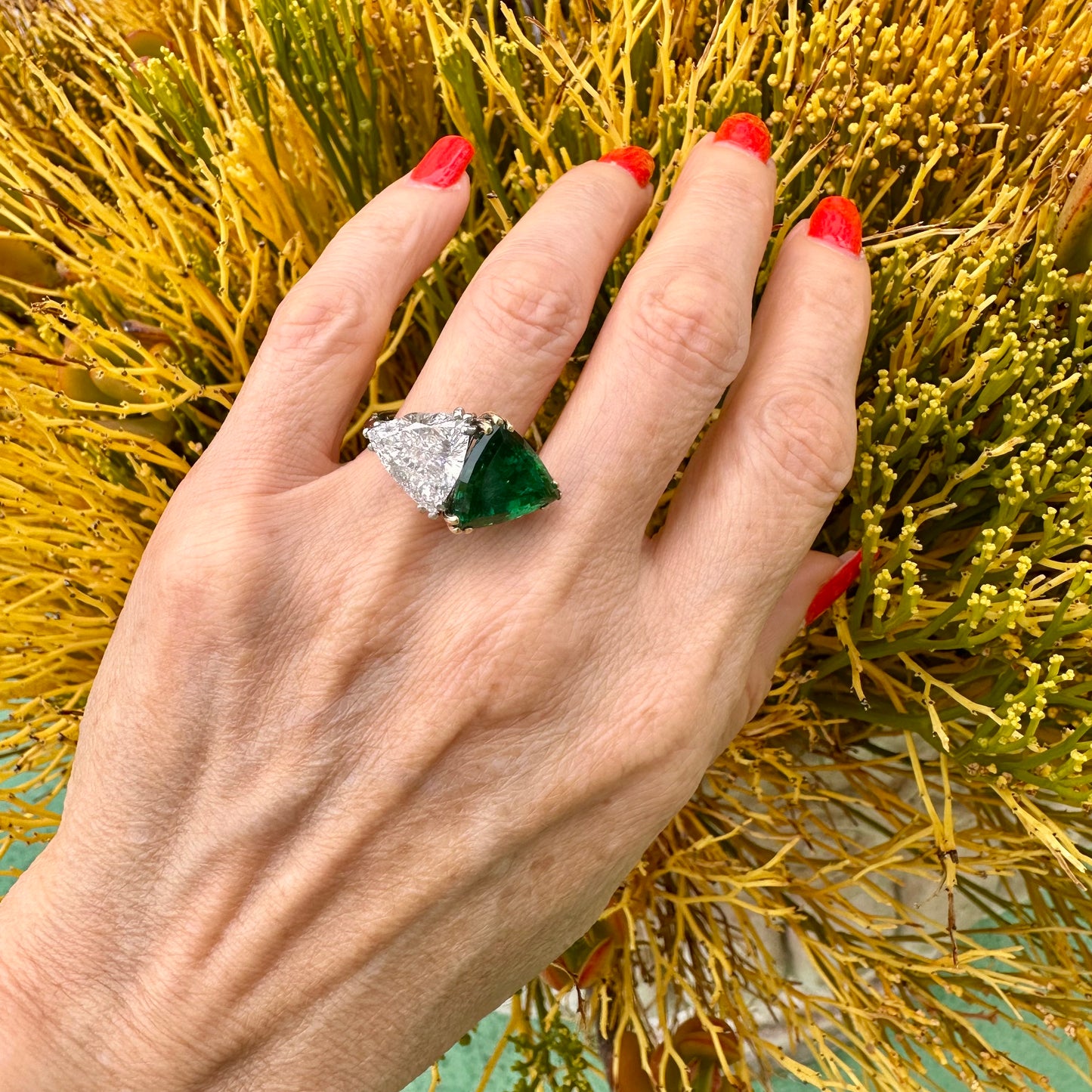 Triangular Brilliant Cut Diamond Triangular Step Cut Emerald Ring, Cocktail Ring, May Birthstone, Wedding Jewelry