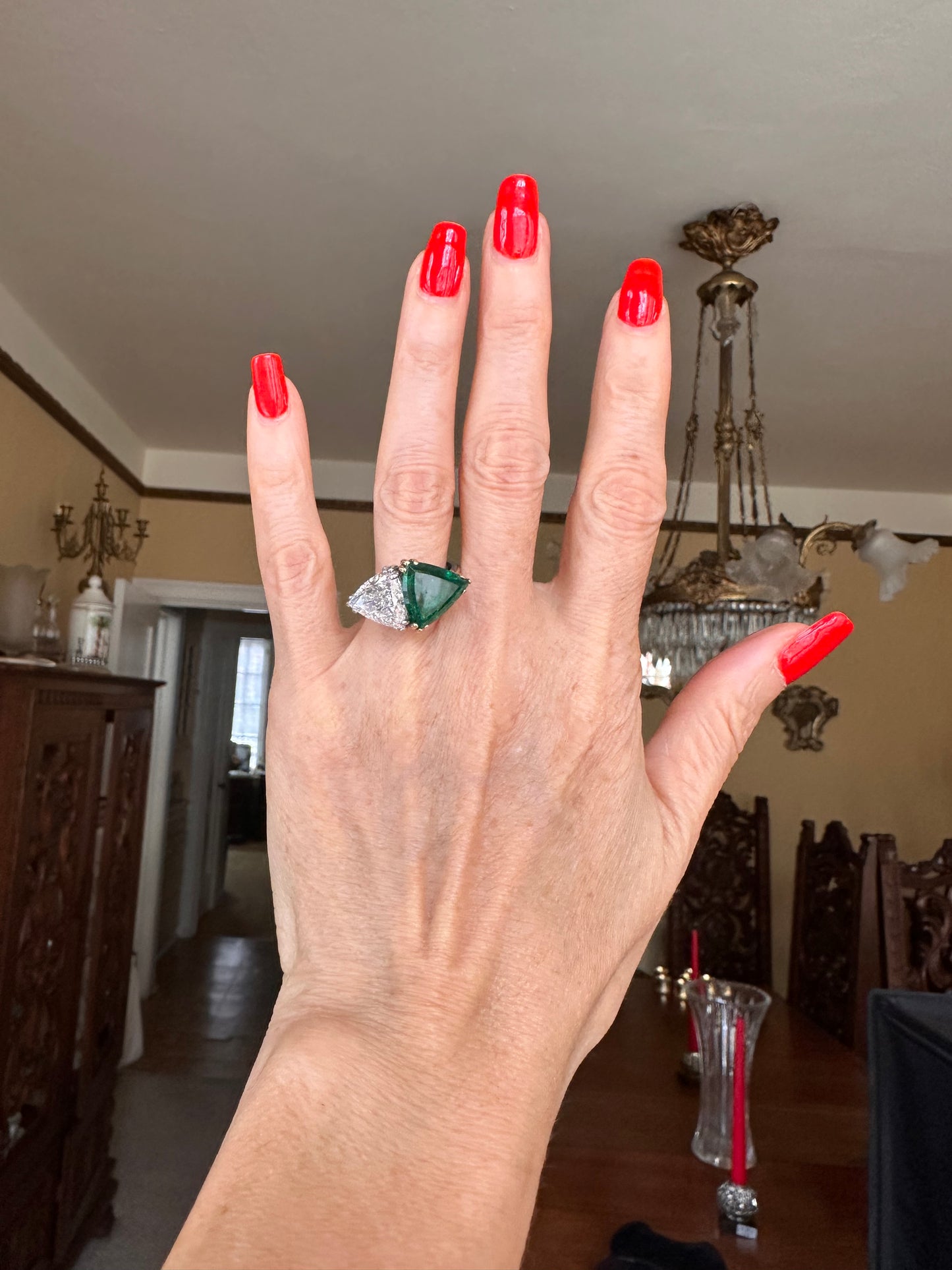 Triangular Brilliant Cut Diamond Triangular Step Cut Emerald Ring, Cocktail Ring, May Birthstone, Wedding Jewelry