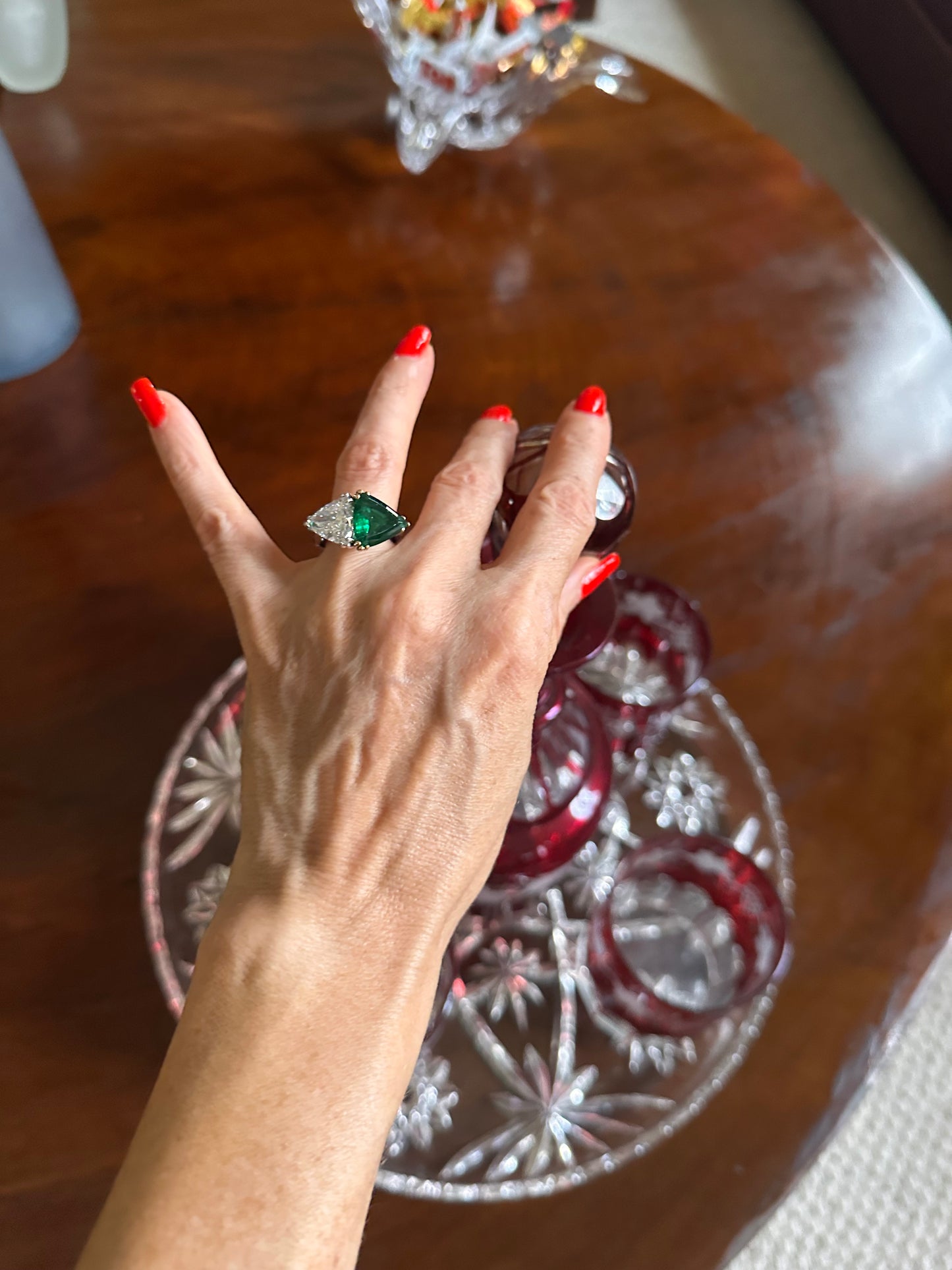 Triangular Brilliant Cut Diamond Triangular Step Cut Emerald Ring, Cocktail Ring, May Birthstone, Wedding Jewelry
