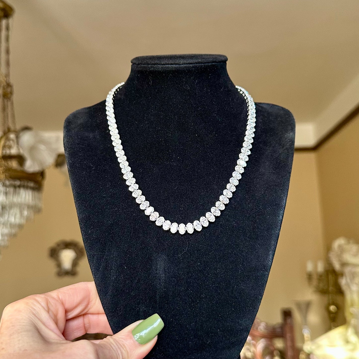 Oval Cut Diamond Tennis Necklace 18k White Gold, Natural Diamond, Wedding Jewelry