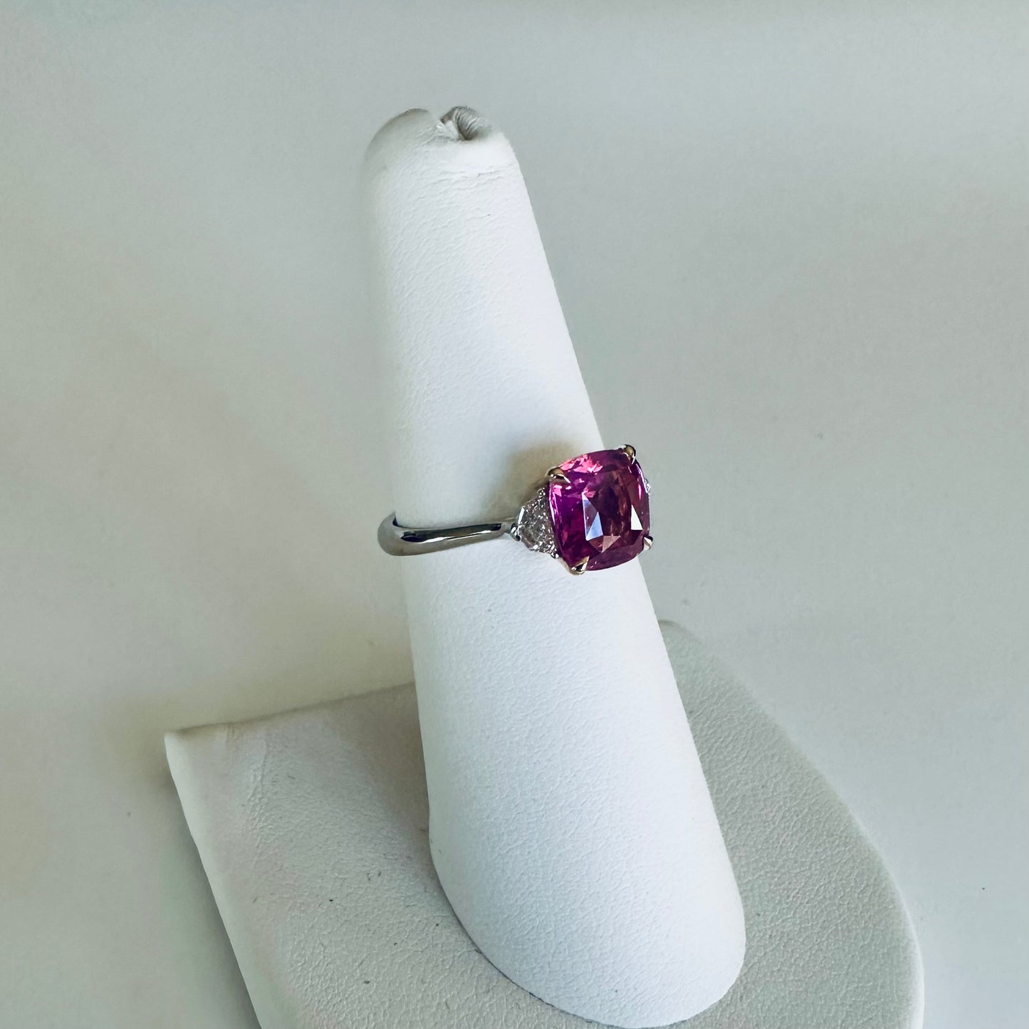 Natural Pink Sapphire & Diamond Ring Platinum & 18k, Vivid Purplish Pink Sapphire, Cushion Cut Sapphire