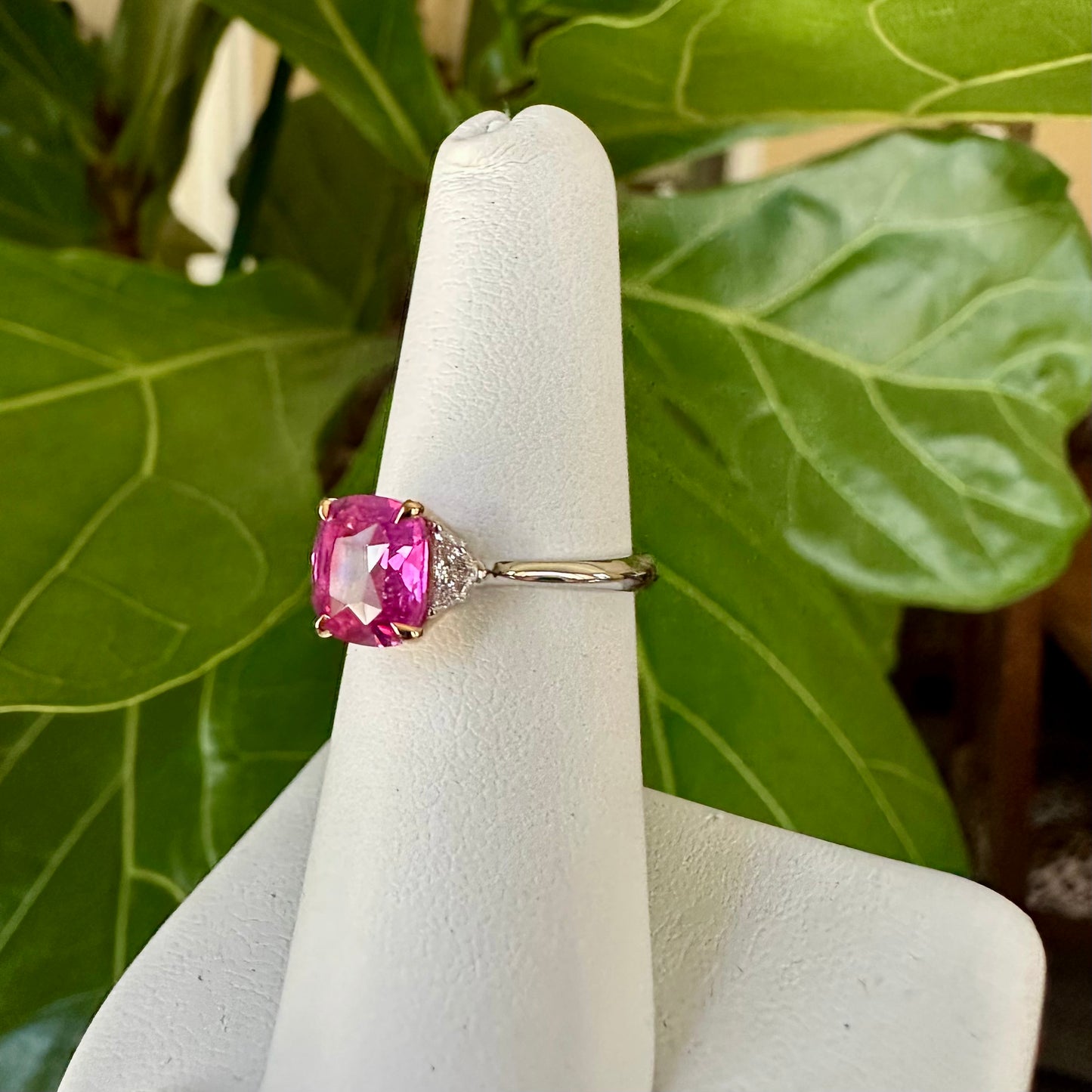 Natural Pink Sapphire & Diamond Ring Platinum & 18k, Vivid Purplish Pink Sapphire, Cushion Cut Sapphire