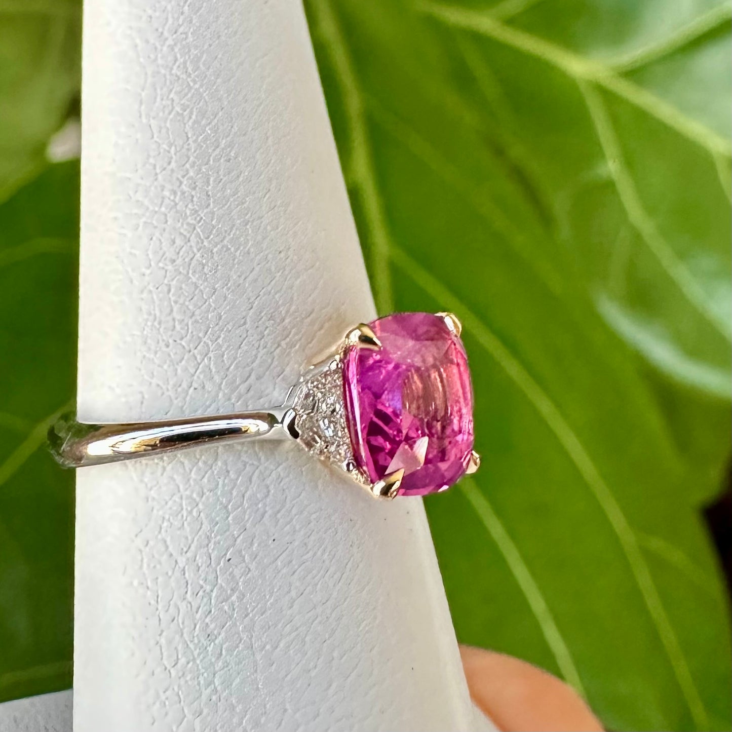 Natural Pink Sapphire & Diamond Ring Platinum & 18k, Vivid Purplish Pink Sapphire, Cushion Cut Sapphire