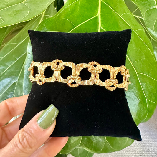 Vintage Bark Finish Geometric 18k Yellow Gold Link Bracelet