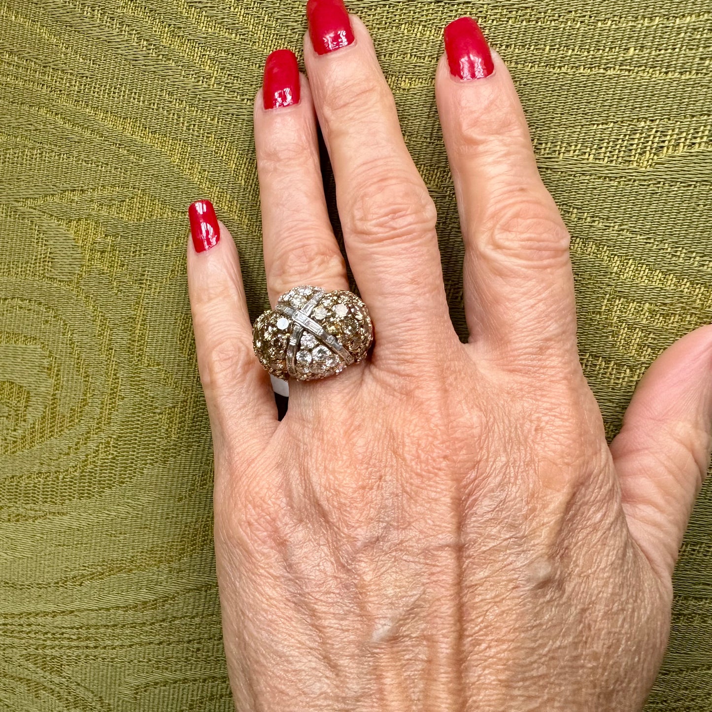 Champagne and White Diamonds in Dome Criss Cross Design Ring 18k Platinum