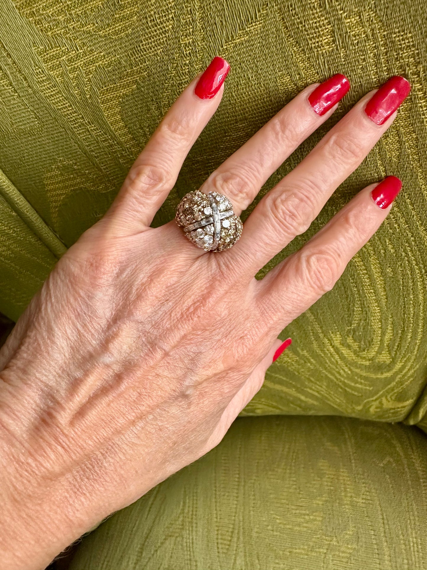 Champagne and White Diamonds in Dome Criss Cross Design Ring 18k Platinum