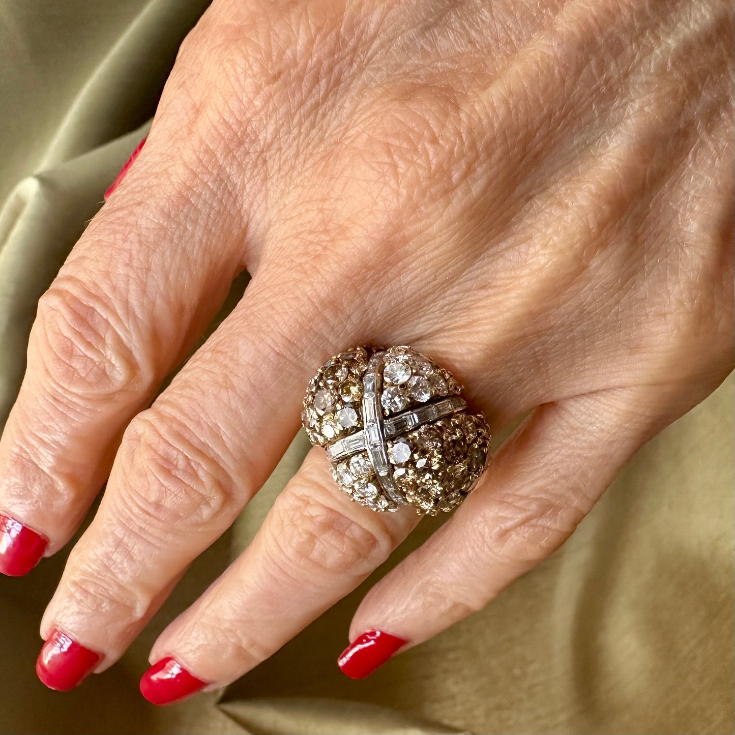 Champagne and White Diamonds in Dome Criss Cross Design Ring 18k Platinum