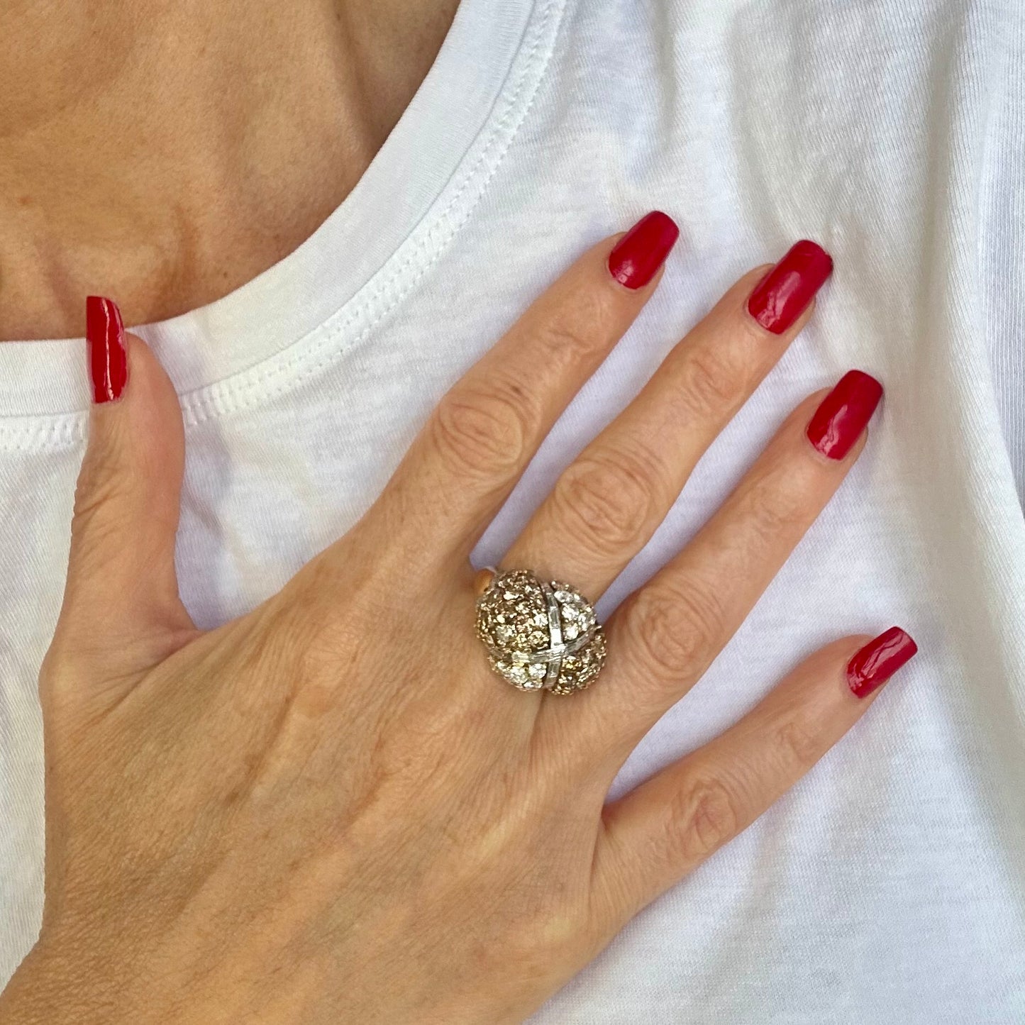Champagne and White Diamonds in Dome Criss Cross Design Ring 18k Platinum