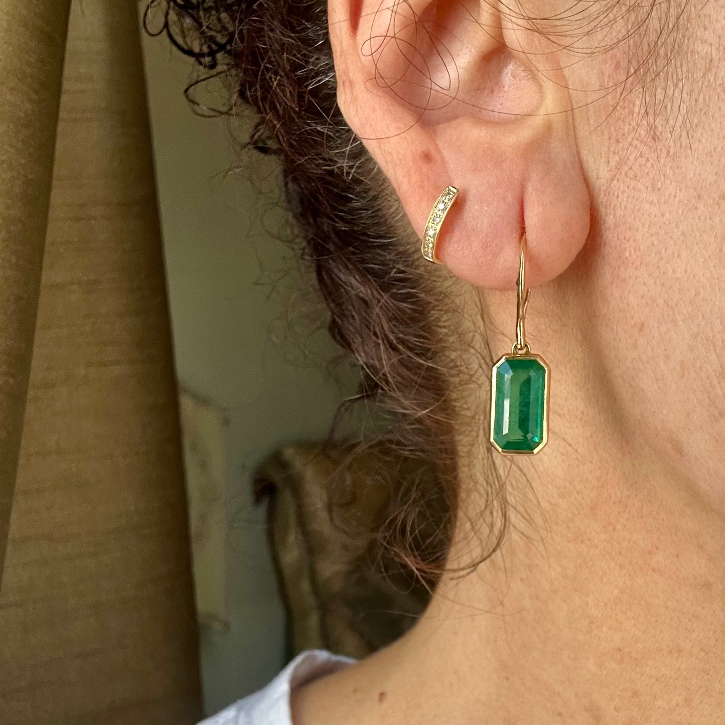 Natural Emerald in Bezel Setting Hook Earrings 18k Yellow Gold