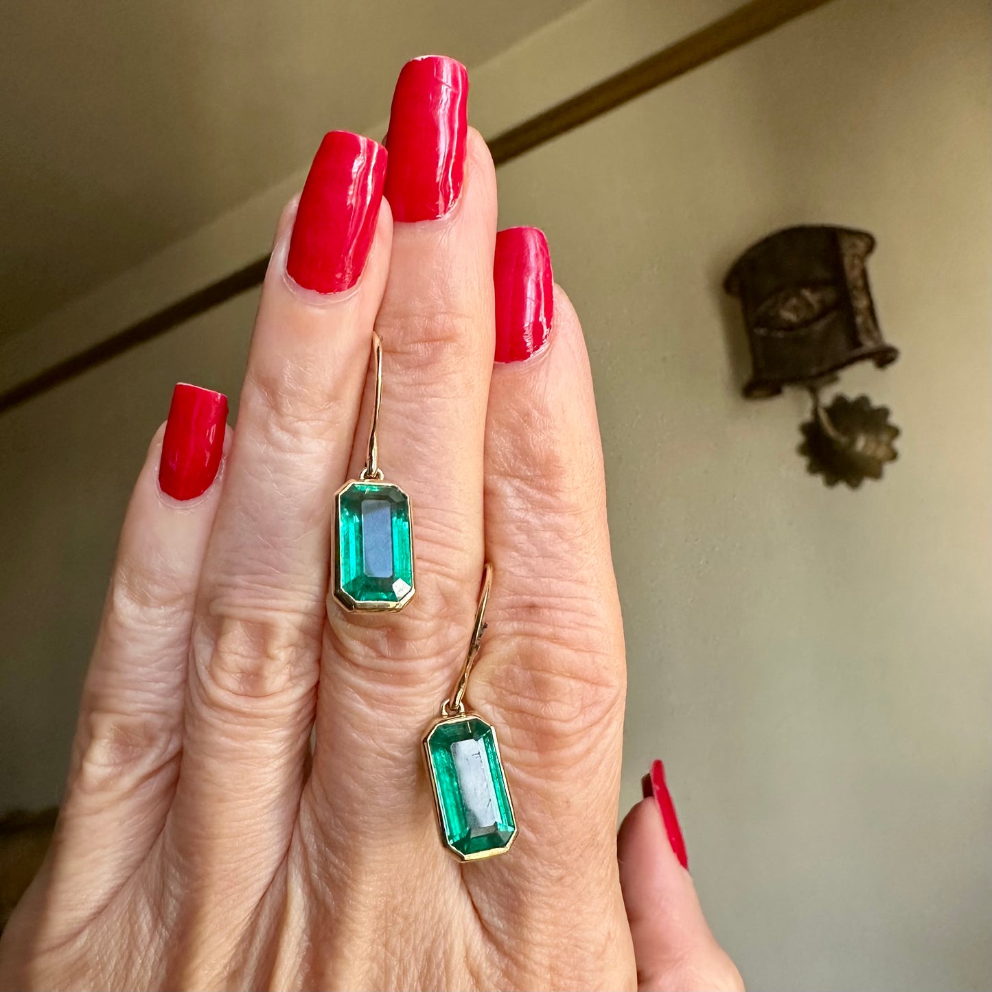 Natural Emerald in Bezel Setting Hook Earrings 18k Yellow Gold