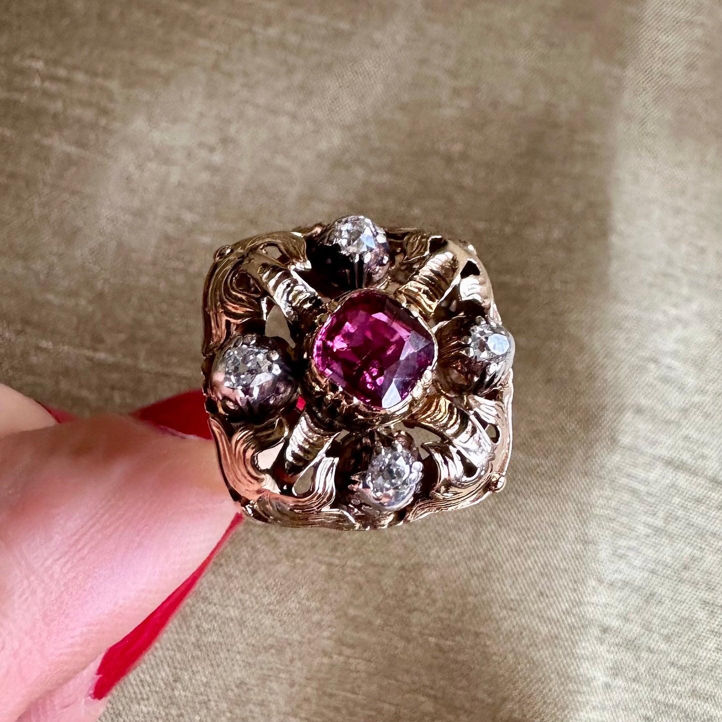 Antique Thai No Heat Ruby and Diamond Ring 14k Yellow Gold