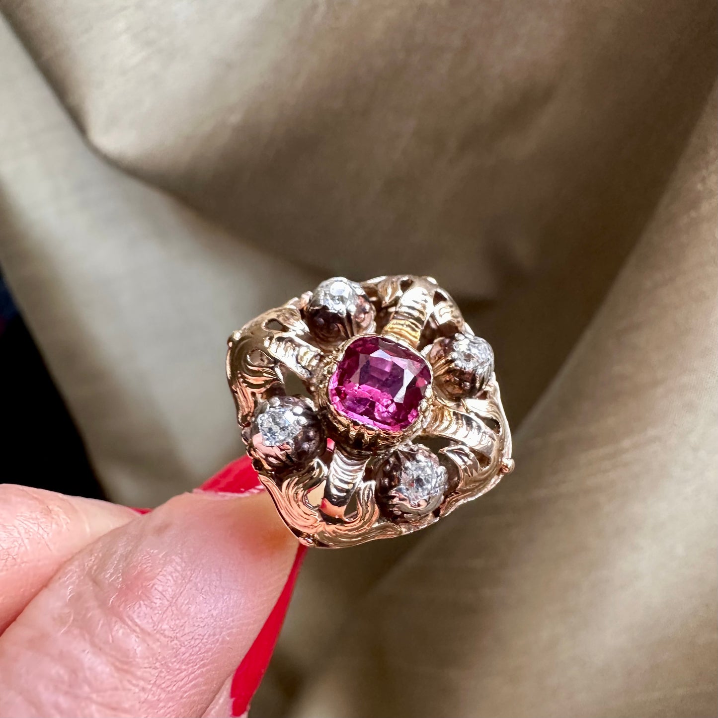 Antique Thai No Heat Ruby and Diamond Ring 14k Yellow Gold