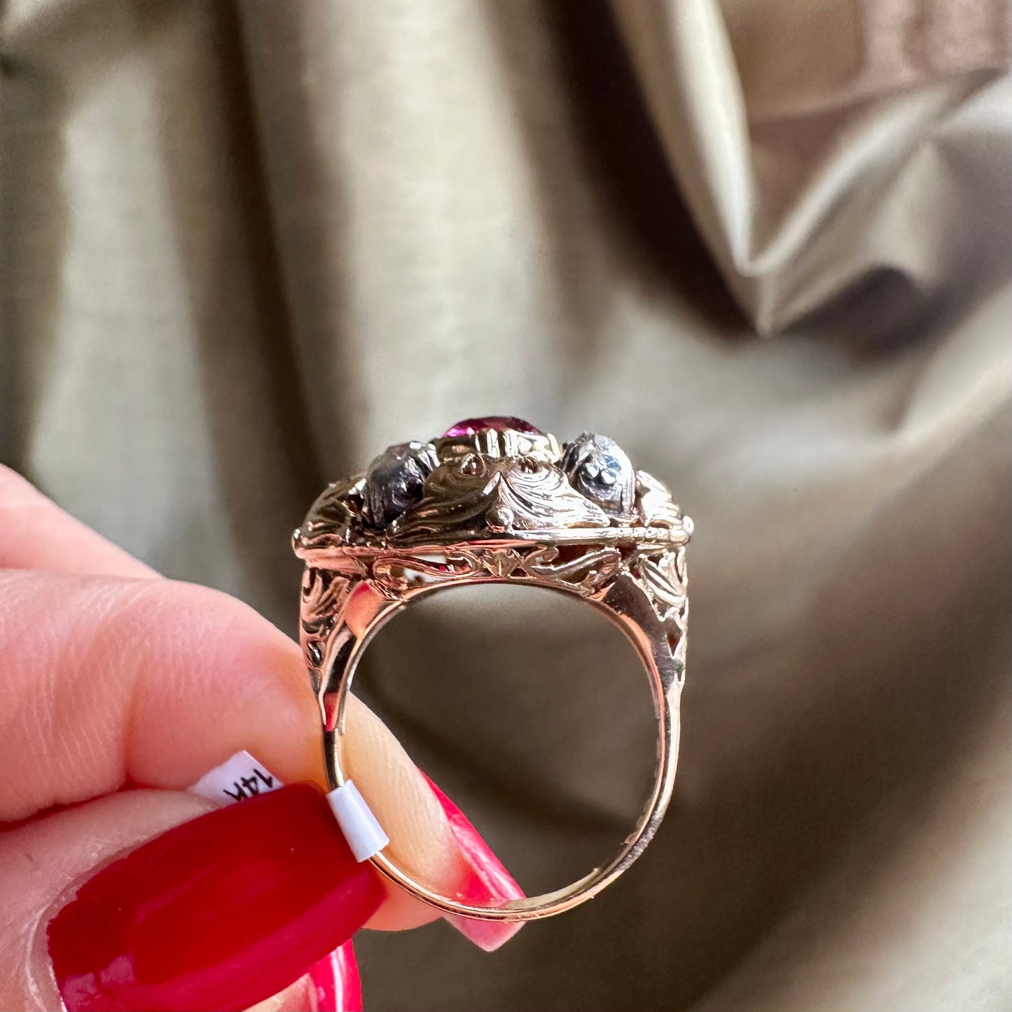 Antique Thai No Heat Ruby and Diamond Ring 14k Yellow Gold