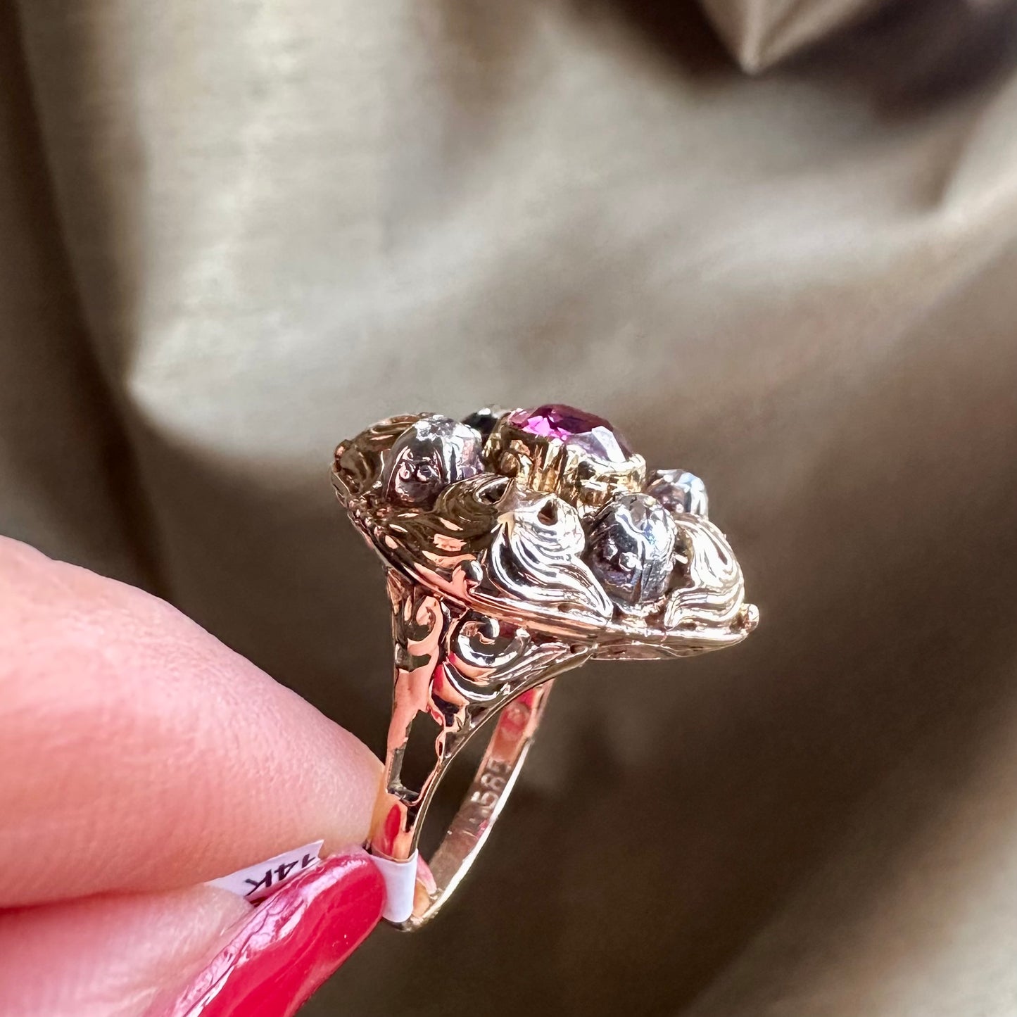 Antique Thai No Heat Ruby and Diamond Ring 14k Yellow Gold