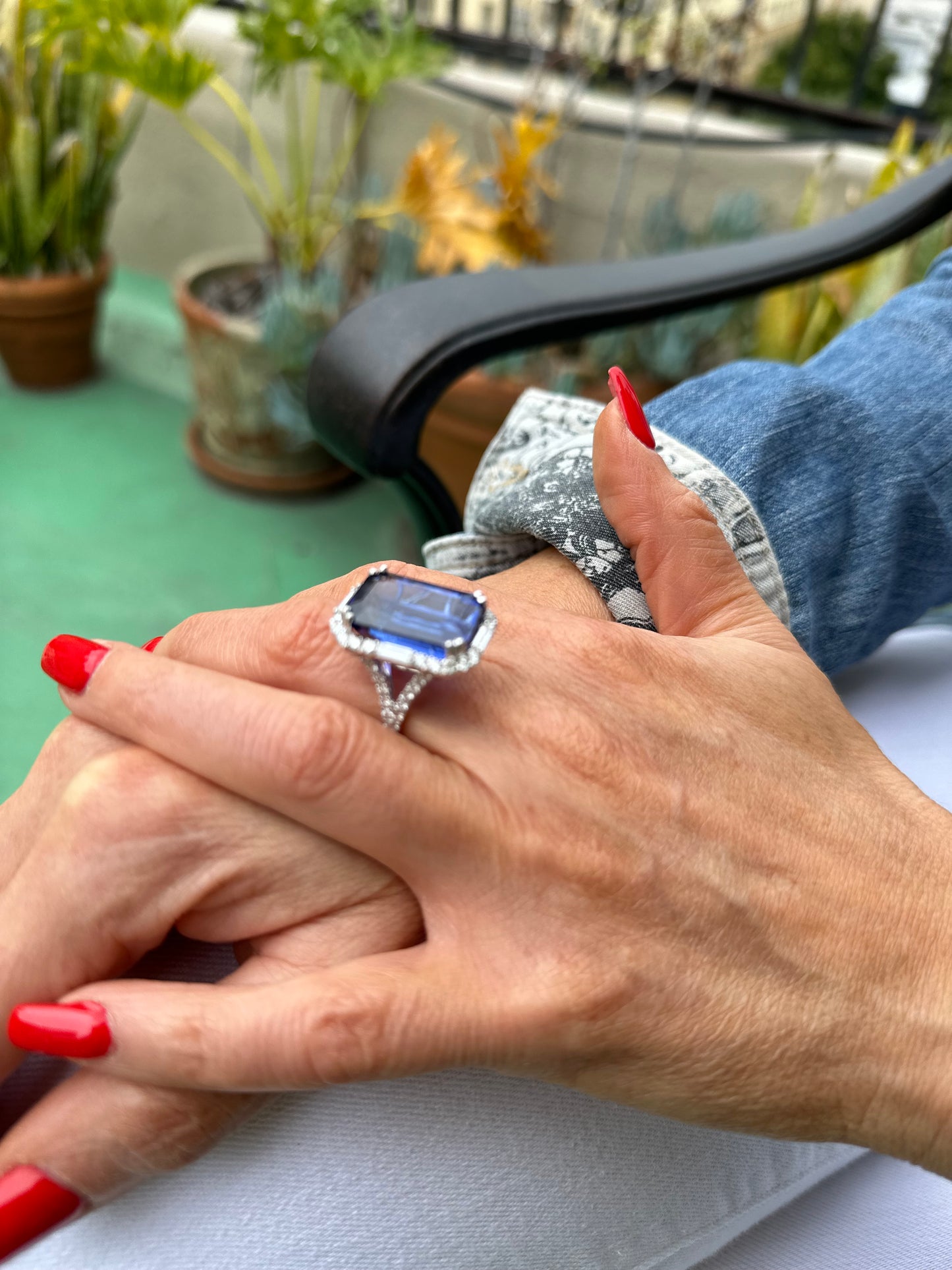 Estate Tanzanite Emerald Cut & Diamond Ring | 24+ Carats | 18k White Gold | Size 6.5