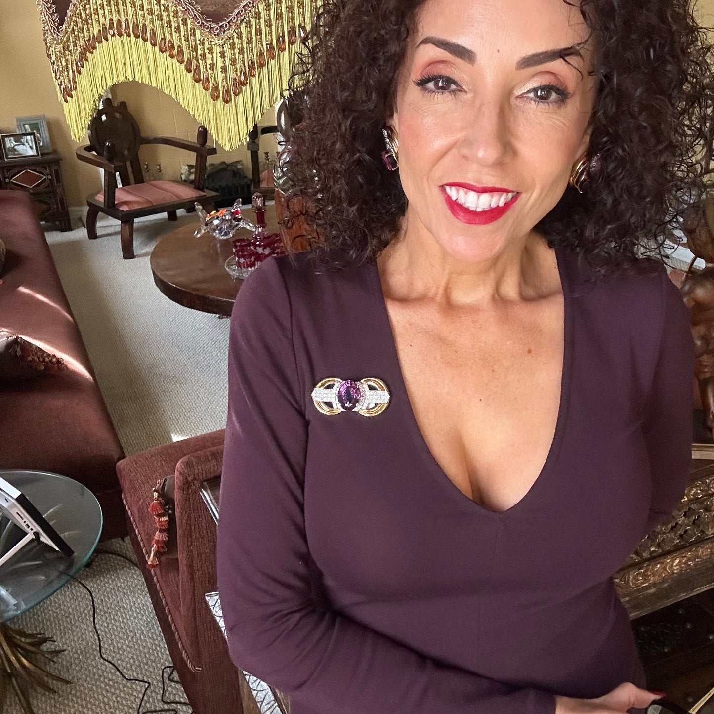 Retro Amethyst And Diamond Brooch/Pin Platinum 18k Yellow Gold