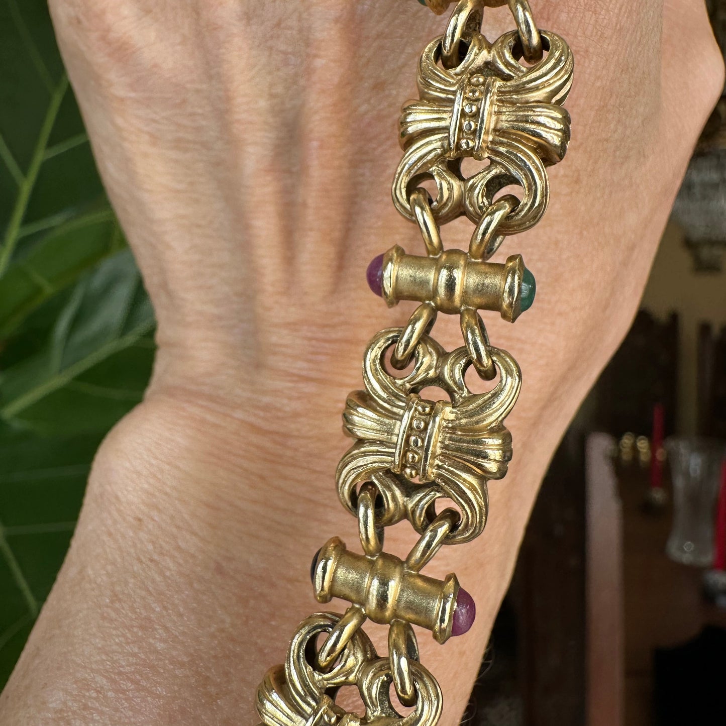 Vintage Italian Byzantine Link with Cabochon Precious Stones Bracelet 14k Yellow Gold