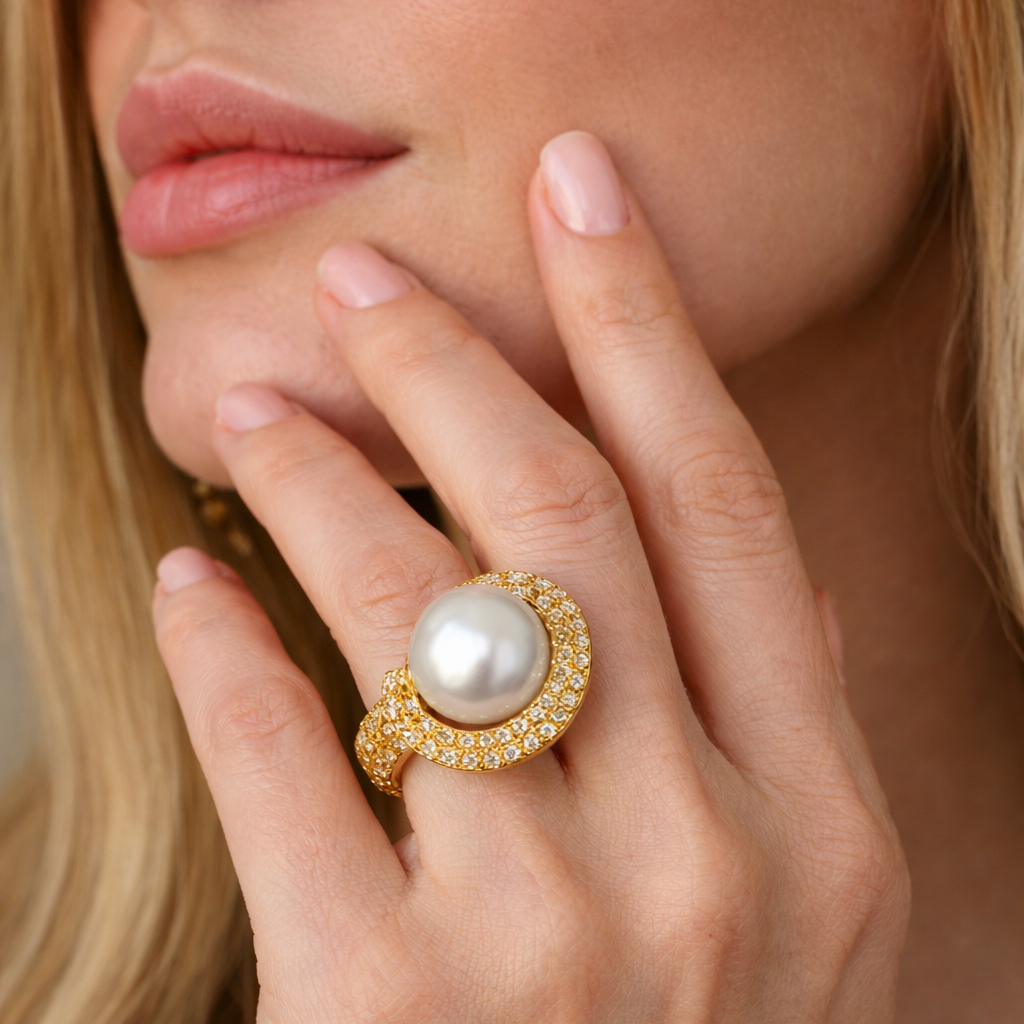 Natural Pearl 12.5 MM with Pave Natural Diamonds 18k Gold