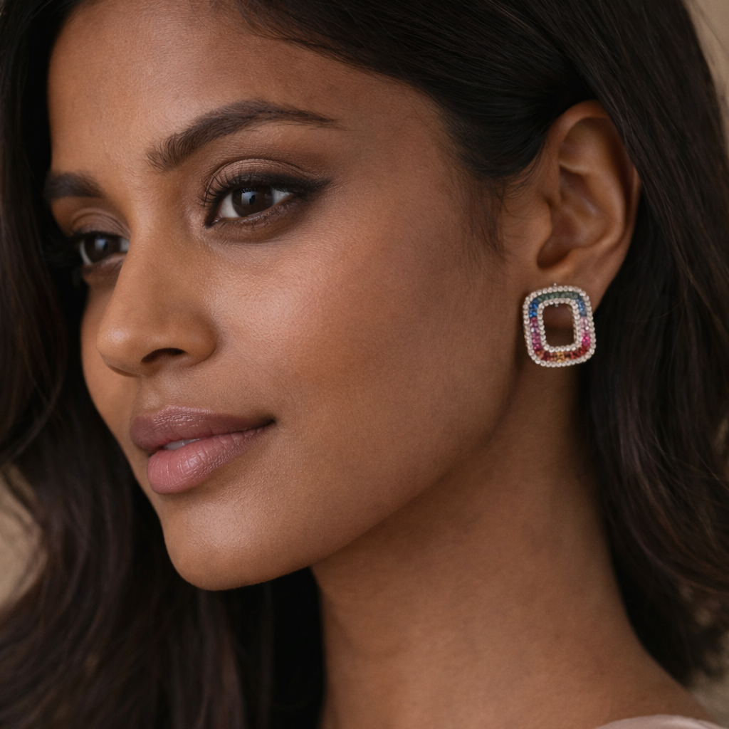 Natural Multi Color Sapphires & Diamond Rainbow Earrings 18k Rose Gold