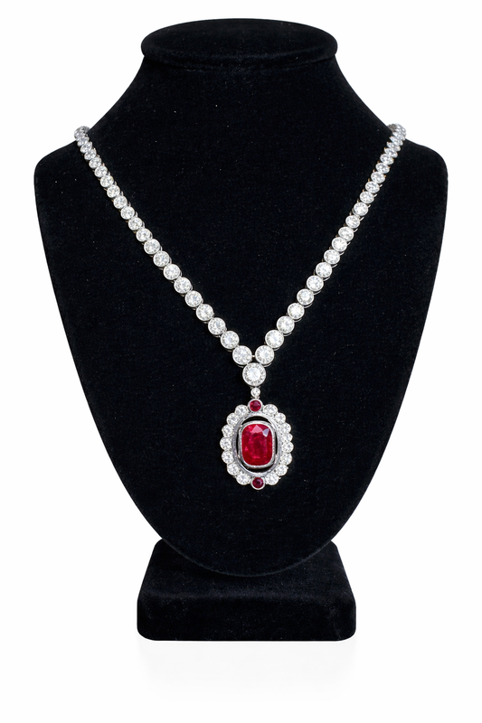 Natural Ruby & Diamond Pendant with Diamond Necklace Platinum 18k White gold