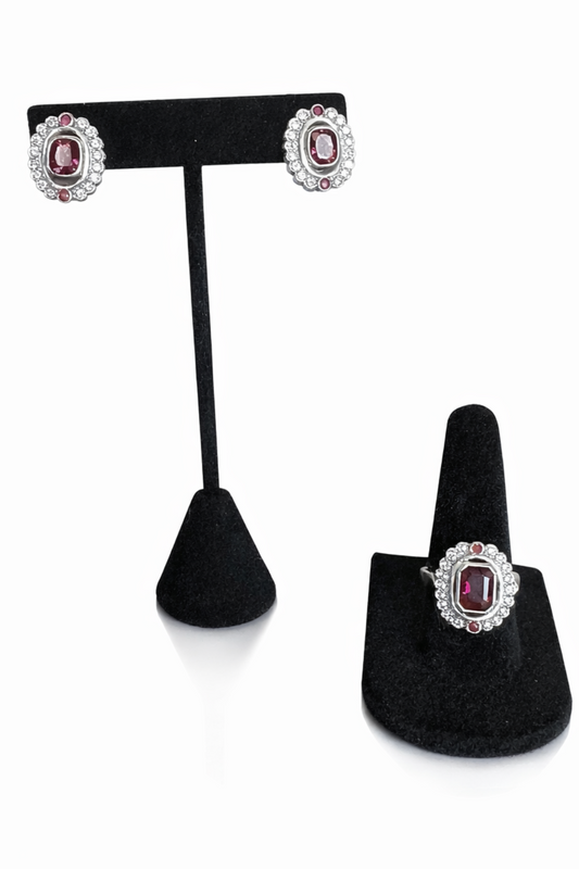 Certified Ruby and Diamond Earring and Ring Set in 18k White Gold