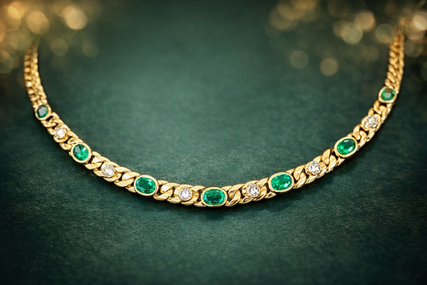 Vivid Green Emerald & Brilliant Cut Round Diamond Choker Necklace 18k 16"