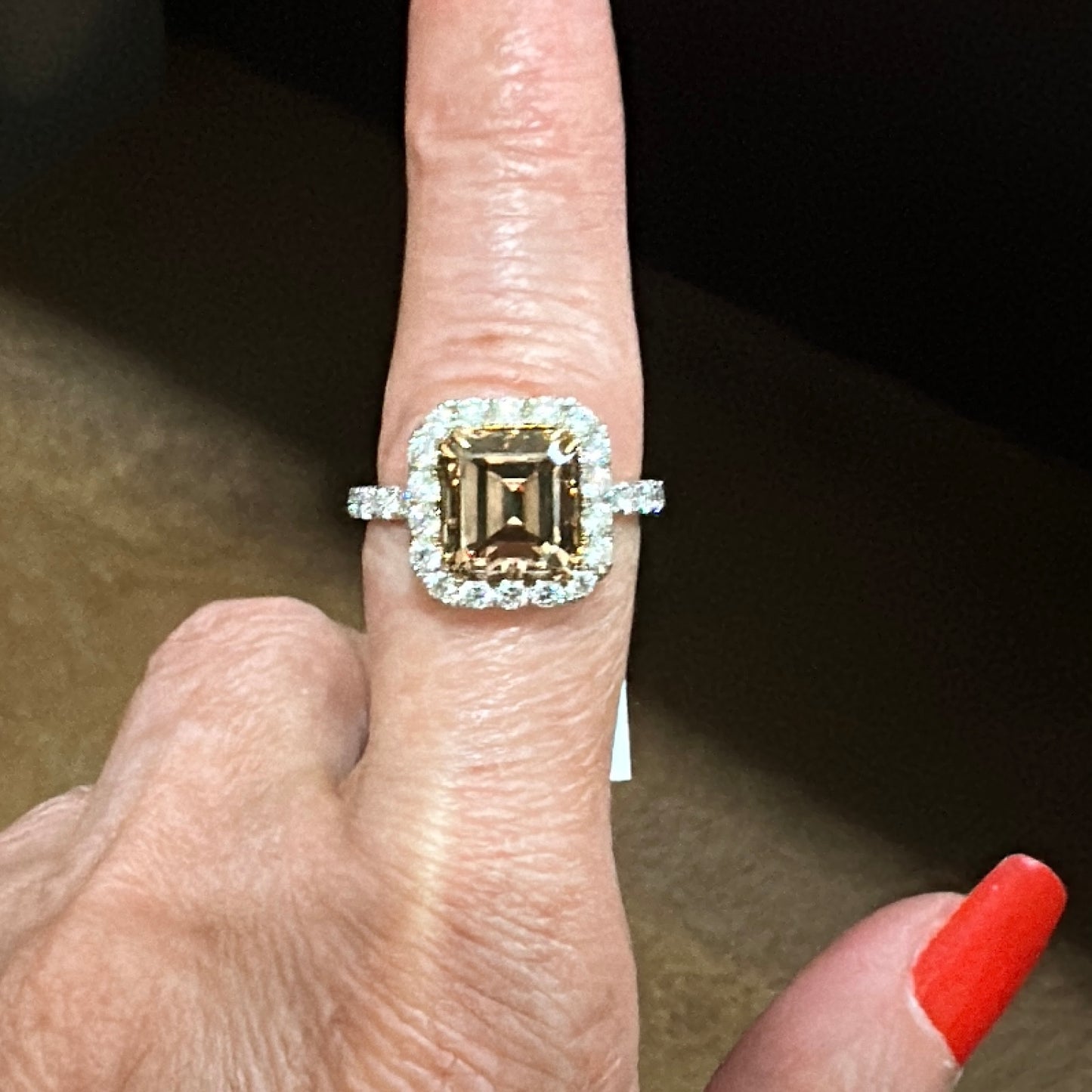 Fancy Dark Yellow Brown Emerald Cut Diamond Ring, Engagement Ring 18k