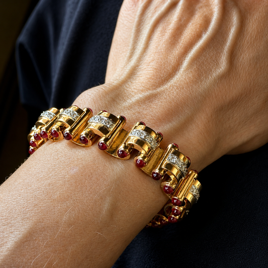 Signed J. Roca Retro Diamond & Cabochon Ruby Bracelet – 18k Rose Gold