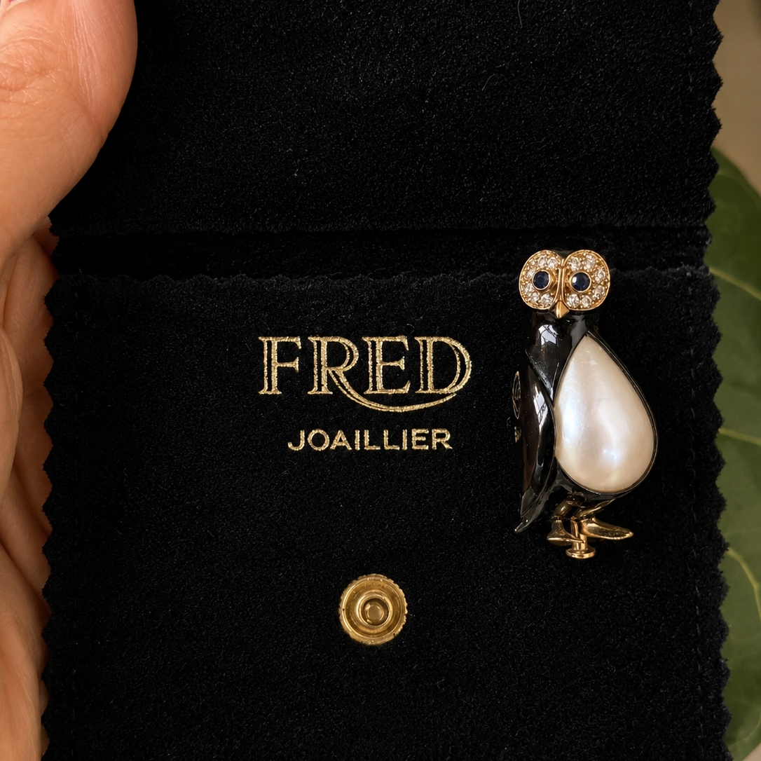 Fred Joaillier Paris Vintage Penguin Brooch | Diamonds, Sapphires & Enamel | 18k Yellow Gold | 10.5g