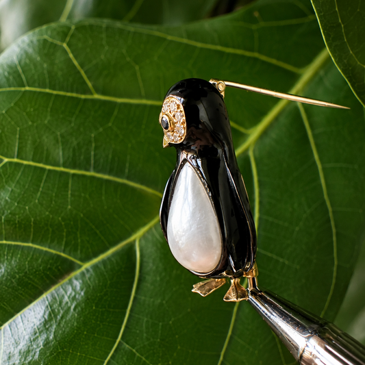 Fred Joaillier Paris Vintage Penguin Brooch | Diamonds, Sapphires & Enamel | 18k Yellow Gold | 10.5g