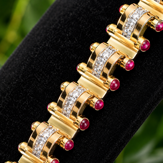 Signed J. Roca Retro Diamond & Cabochon Ruby Bracelet – 18k Rose Gold