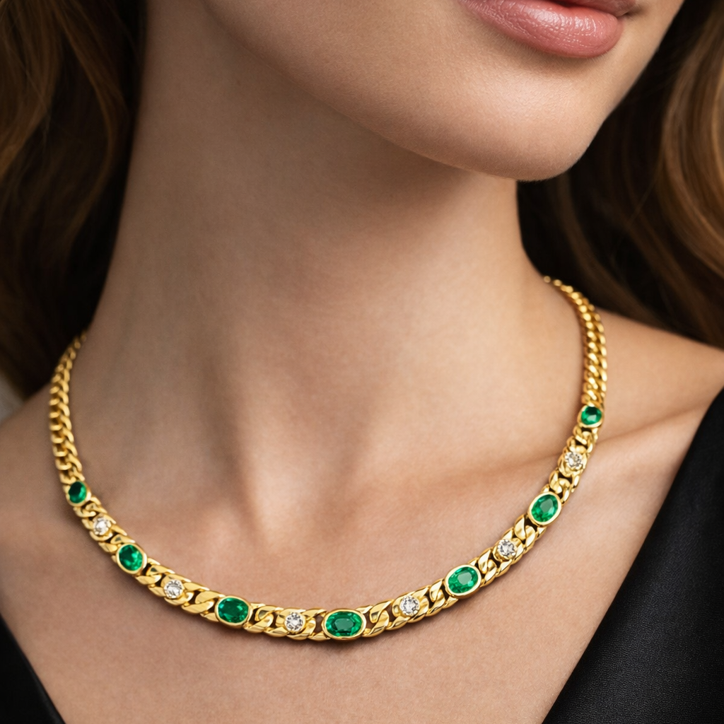 Natural Vivd Green Emeralds & Natural Diamond Necklace 18k 
