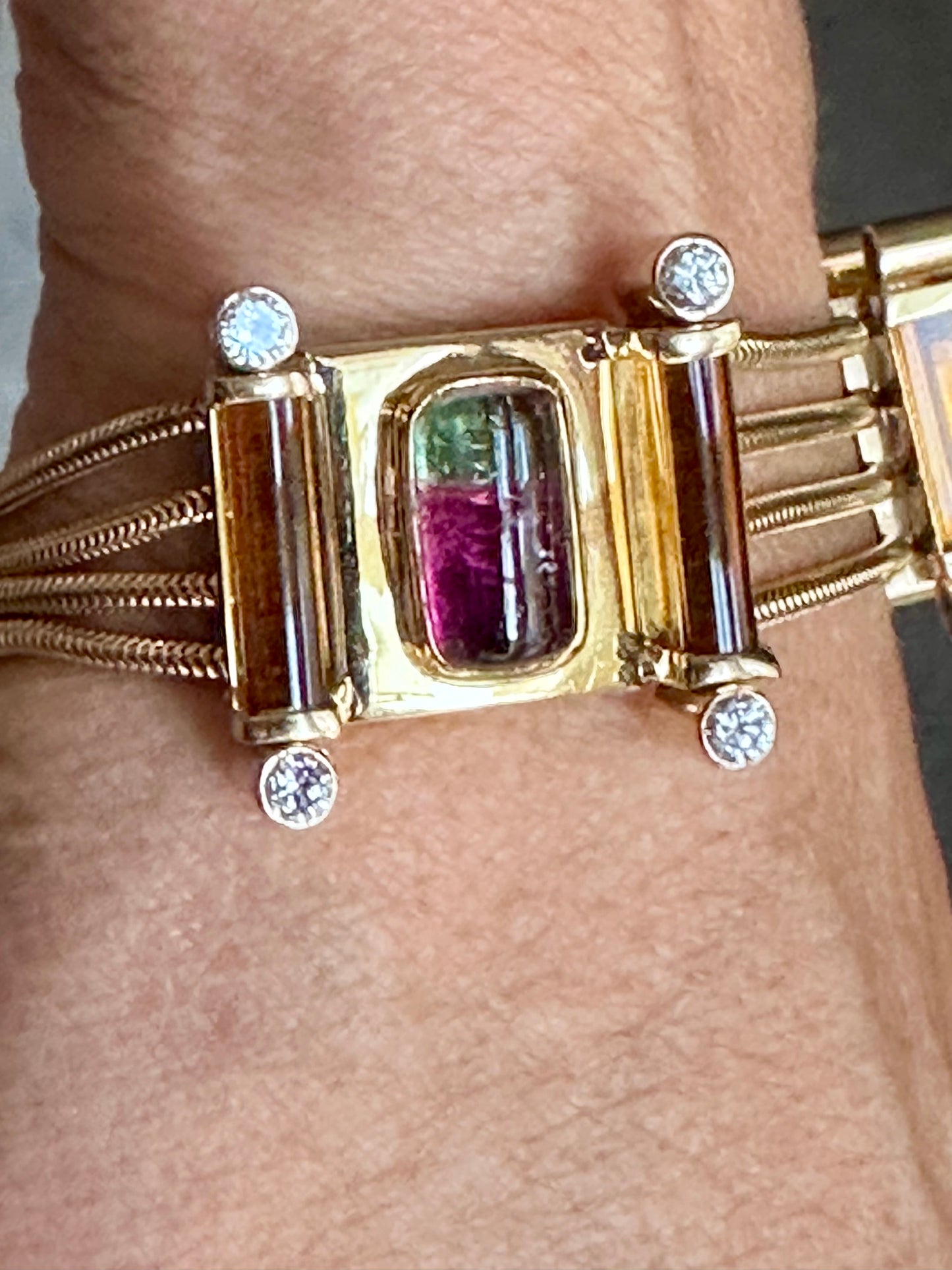 Retro Bi Color Tourmaline Citrine Bracelet Yellow Gold