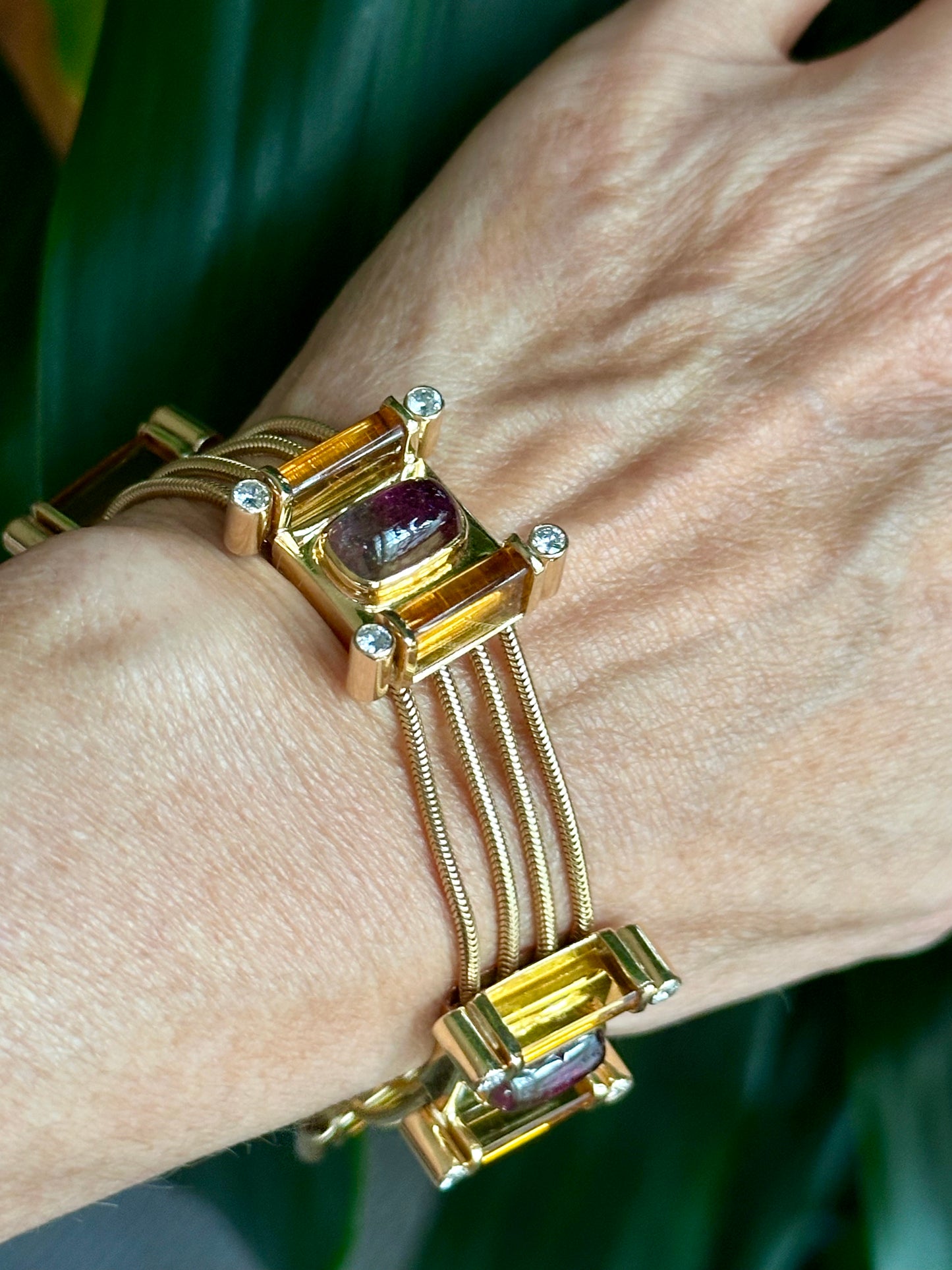 Retro Bi Color Tourmaline Citrine Bracelet Yellow Gold