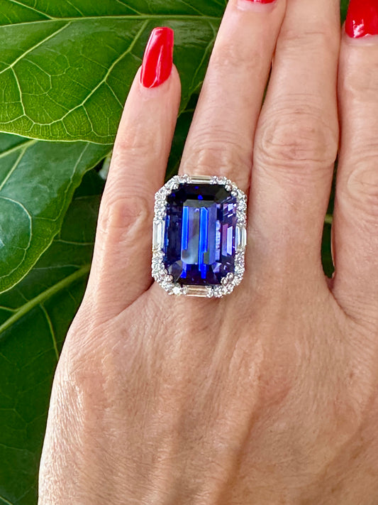 Tanzanite Emerald Cut & Diamond Ring White Gold