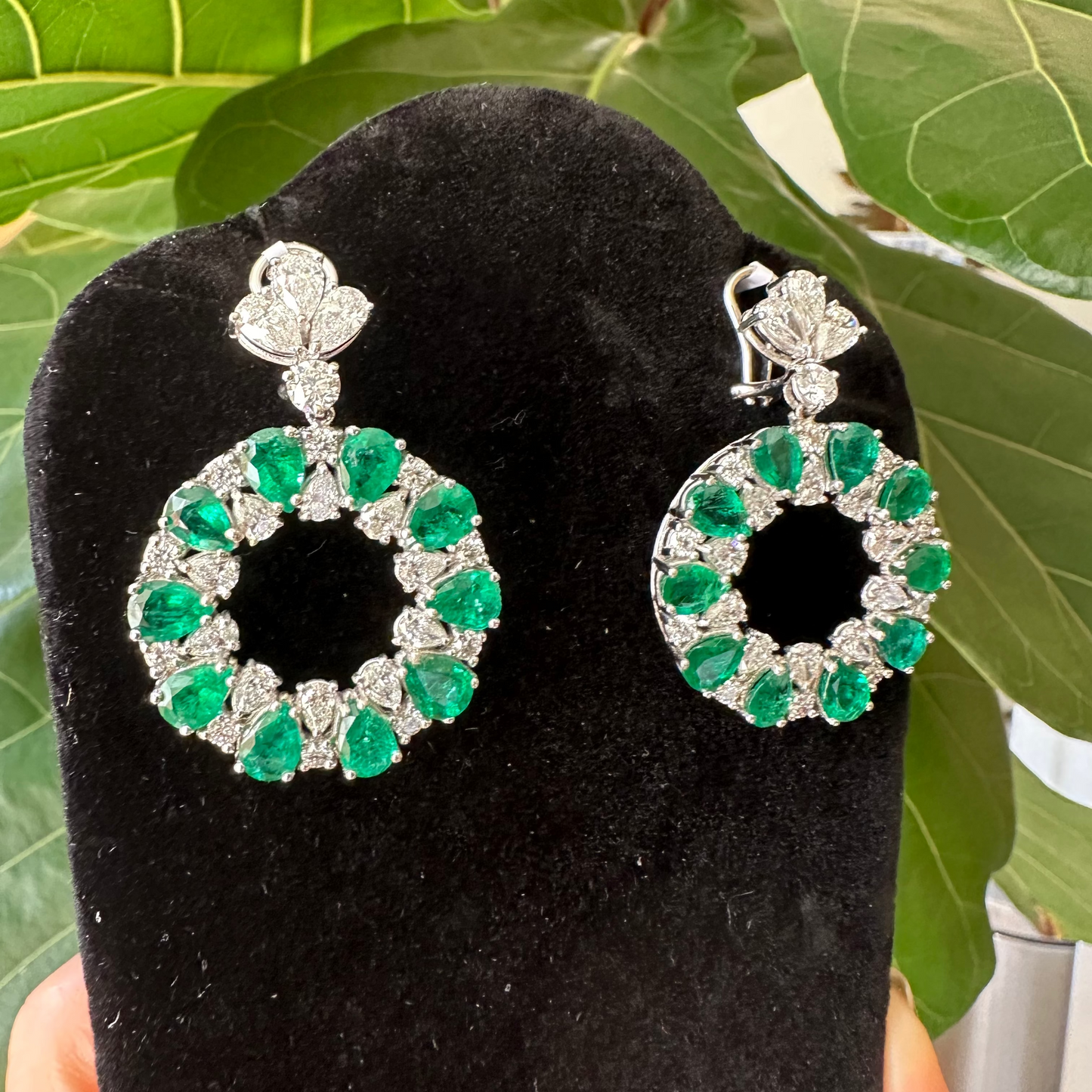 Pear Cut Emerald & Diamond Open Circle Drop Earrings | 12.34ct Emeralds | 8.11ct Diamonds | 18k White Gold | 22.16g