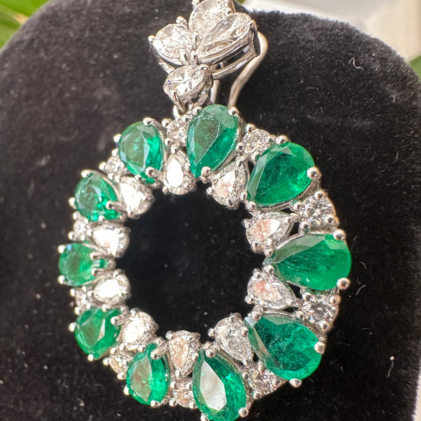 Pear Cut Emerald & Diamond Open Circle Drop Earrings | 12.34ct Emeralds | 8.11ct Diamonds | 18k White Gold | 22.16g