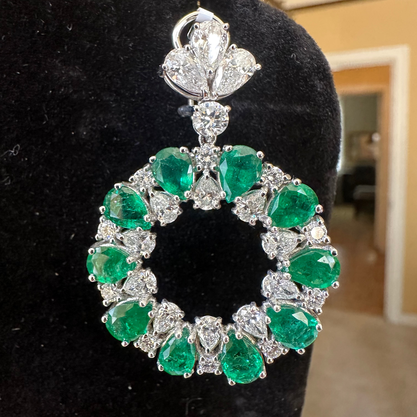 Pear Cut Emeralds & Natural Diamonds Dangle Earrings 18k White Gold
