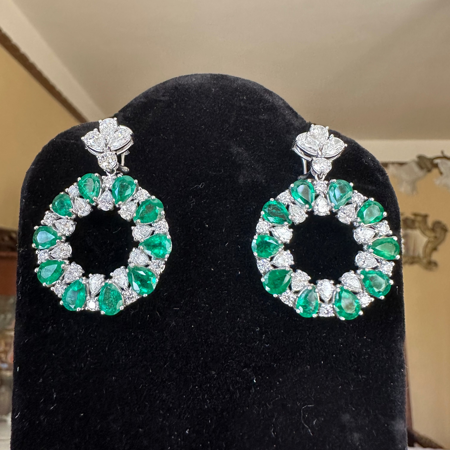 Pear Cut Emerald & Diamond Open Circle Drop Earrings | 12.34ct Emeralds | 8.11ct Diamonds | 18k White Gold | 22.16g