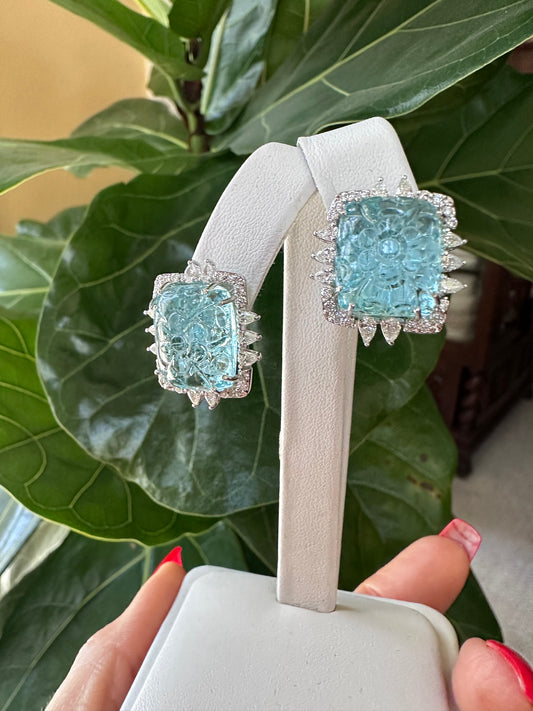 Carved Aquamarine & Diamond Earrings