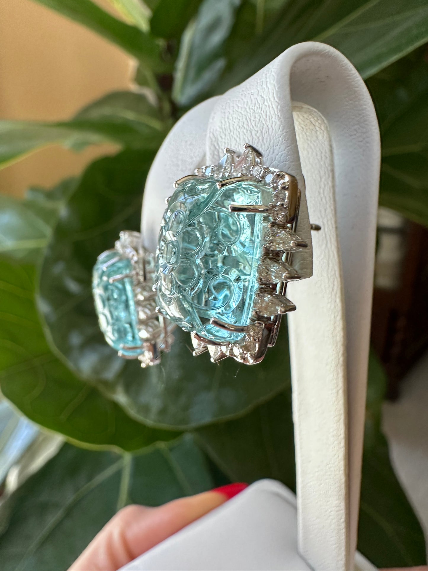 Carved Aquamarine & Diamond Earrings