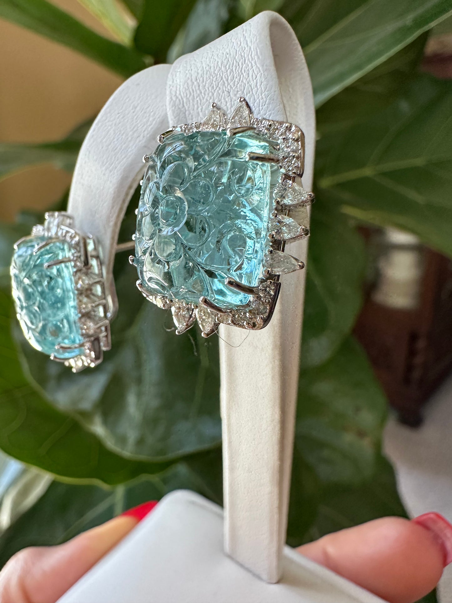 Carved Aquamarine & Diamond Earrings