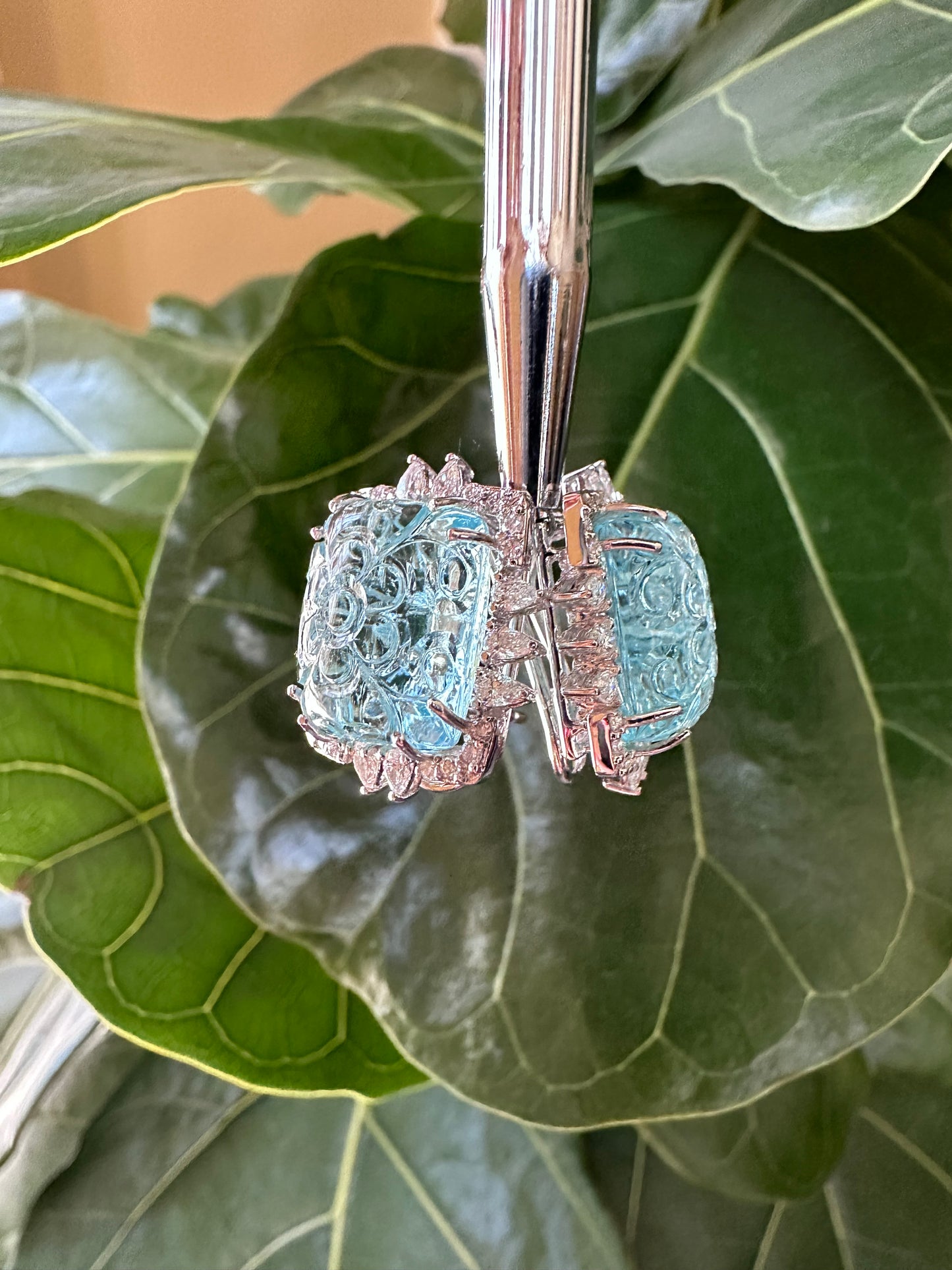 Carved Aquamarine & Diamond Earrings