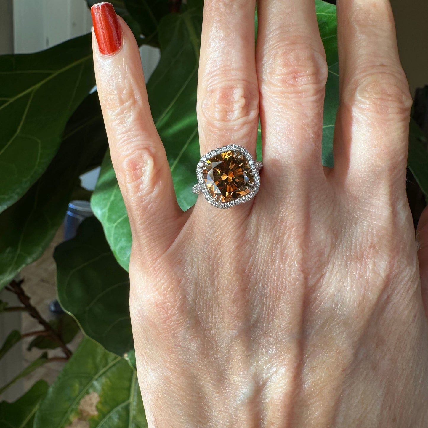 GIA 6.88 Fancy Deep Brown Orange Cushion Cut Diamond Halo Ring Platinum