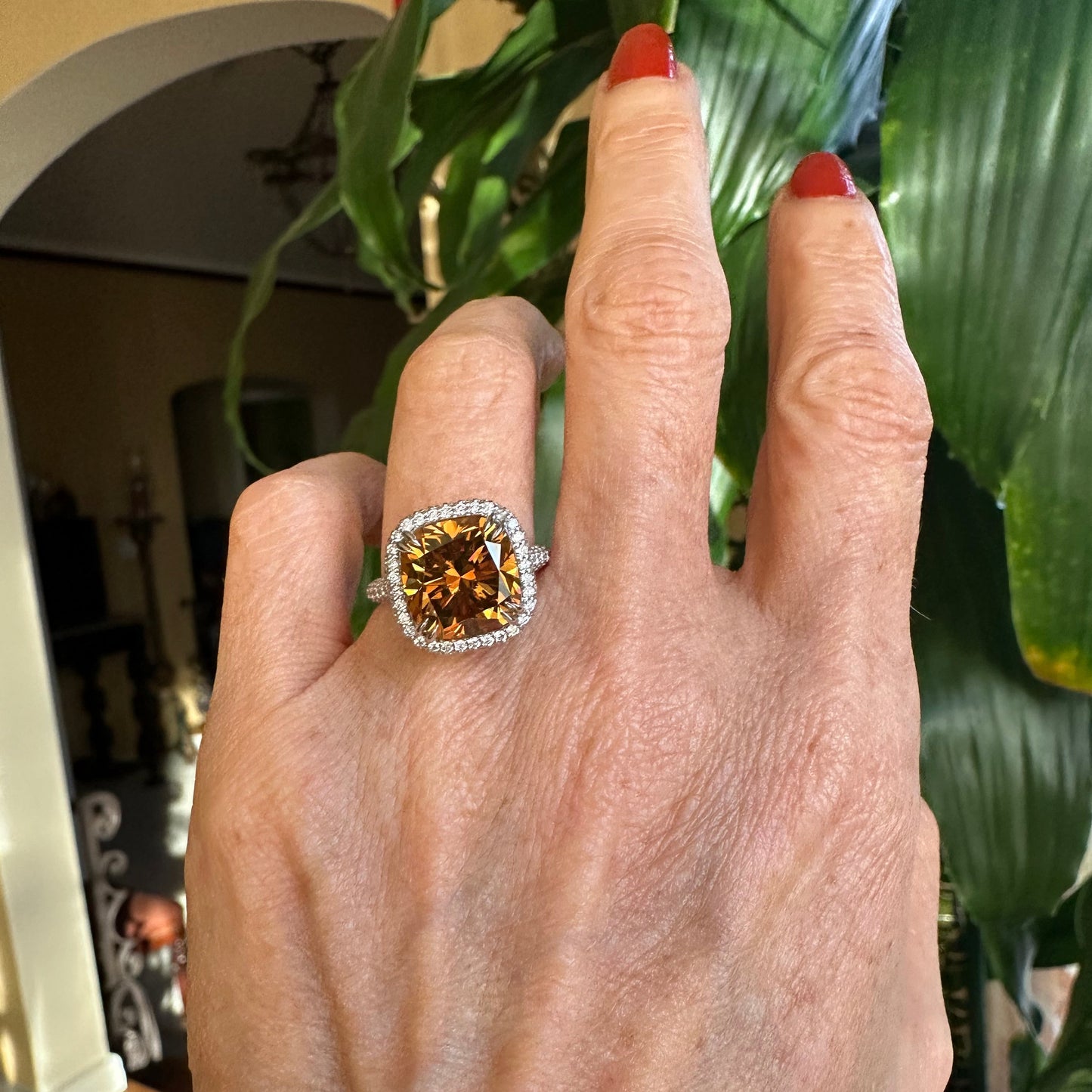 GIA 6.88 Fancy Deep Brown Orange Cushion Cut Diamond Halo Ring Platinum